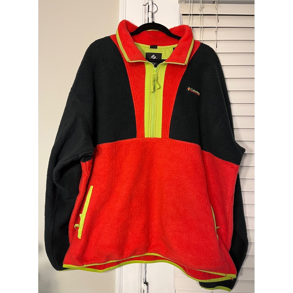 VTG 90s Columbia Fleece Neon Blk Red Colorblock Pullover Jacket Zip‎ Up Sz 2XL